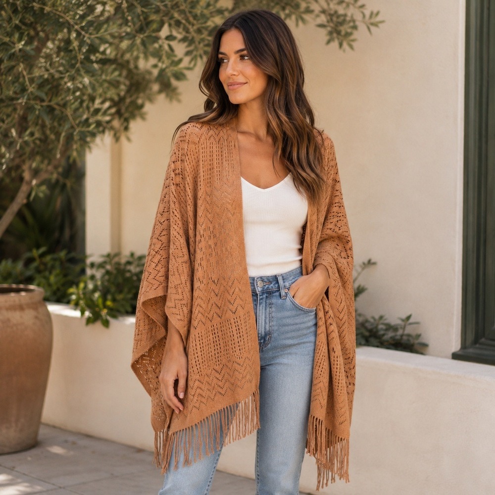 Soul Young Poncho Women OS Tan Crochet Pointelle Fringe Open Front Shawl Wrap